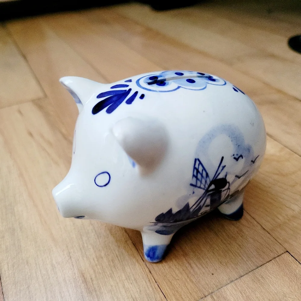 Vintage Handmade Delft Pottery Small Floral & Nautical Ship Dutch Piggy Bank